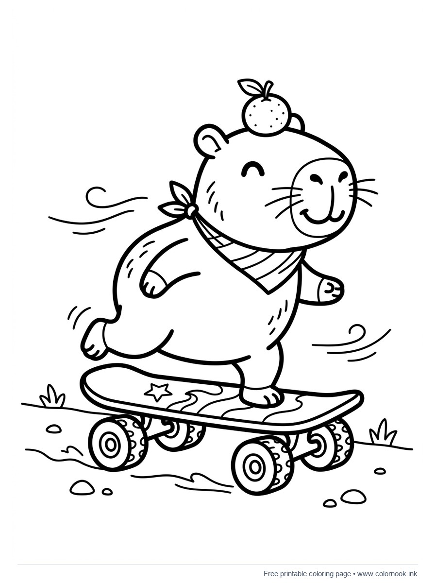 Omalovánka roztomilé kapybary na skateboardu s mandarinkou na hlavě