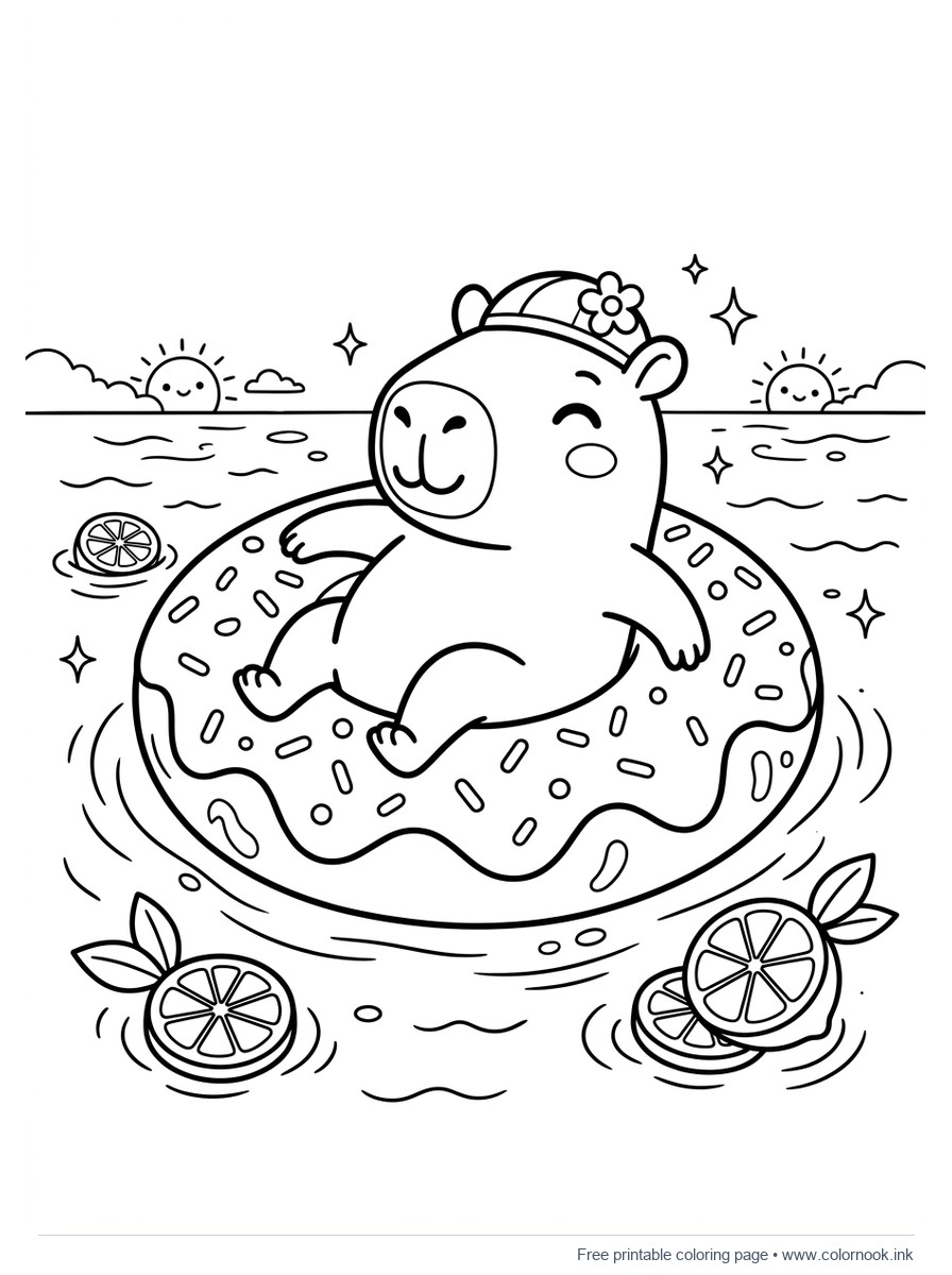 Cute capybara relaxing inside a donut pool float coloring page.