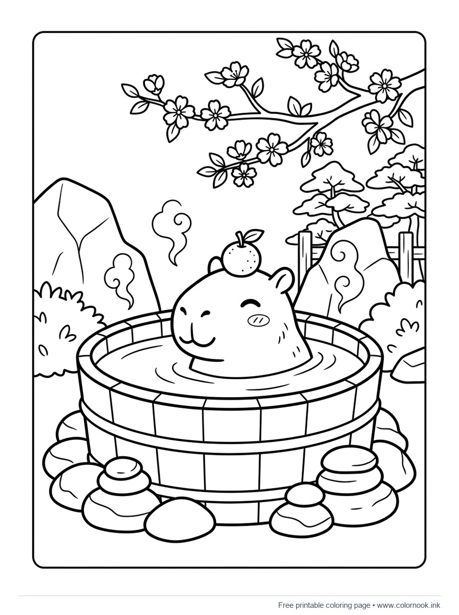 Black and white coloring page of a cute capybara in a hot spring bath with a yuzu orange on its head