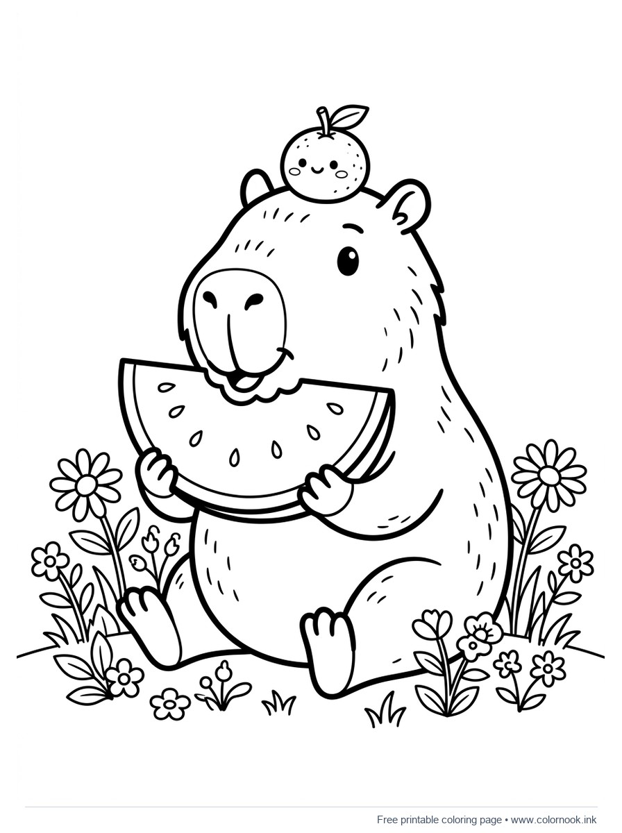 Cute capybara eating watermelon coloring page for kids