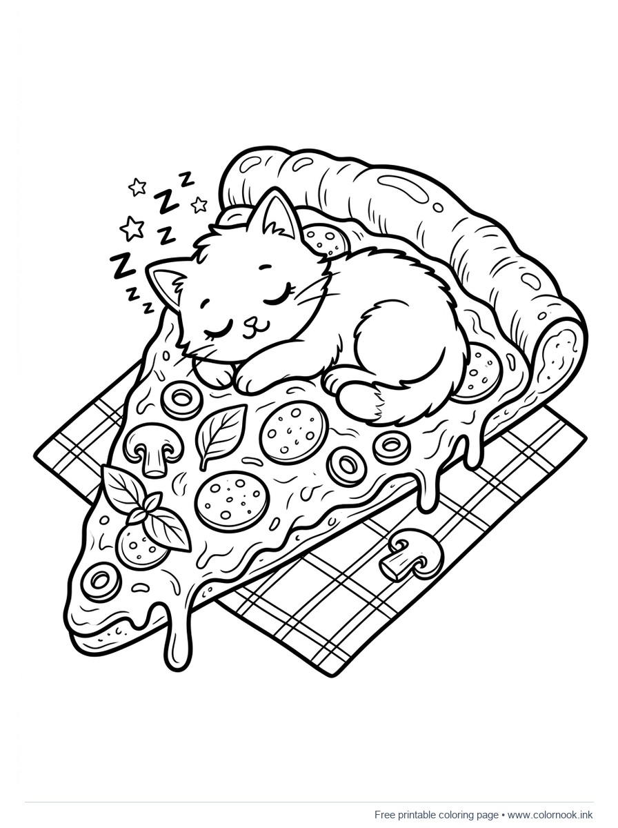 Czarno-biała kolorowanka do druku ze śpiącym kotkiem na kawałku pizzy