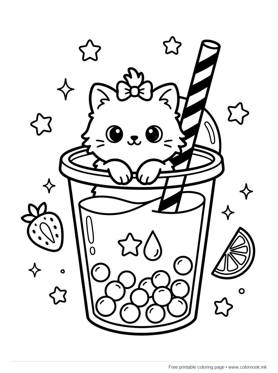 Cute kitten sitting inside a boba milk tea cup with pearls and a straw coloring page for kids