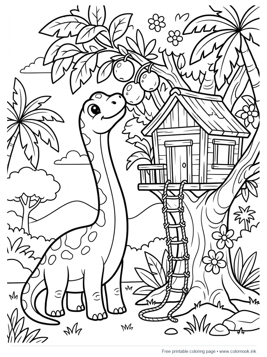 Baby Brachiosaurus eating leaves by a jungle treehouse coloring page