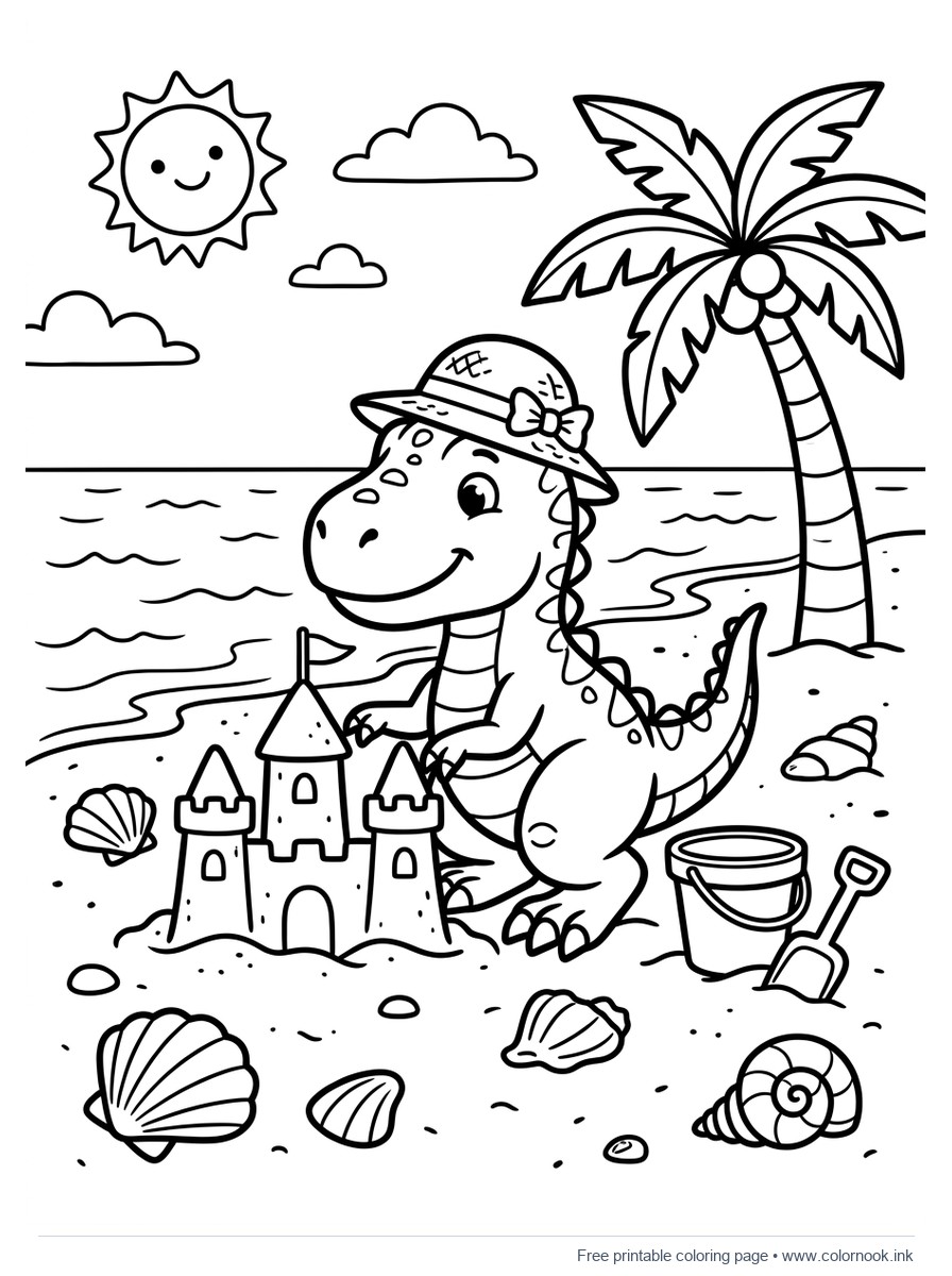 Mały dinozaur T-Rex budujący zamek z piasku na plaży kolorowanka dla dzieci