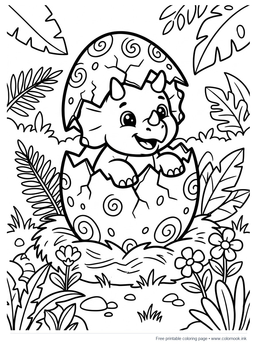 Coloring page of a cute baby triceratops dinosaur hatching from a decorative egg