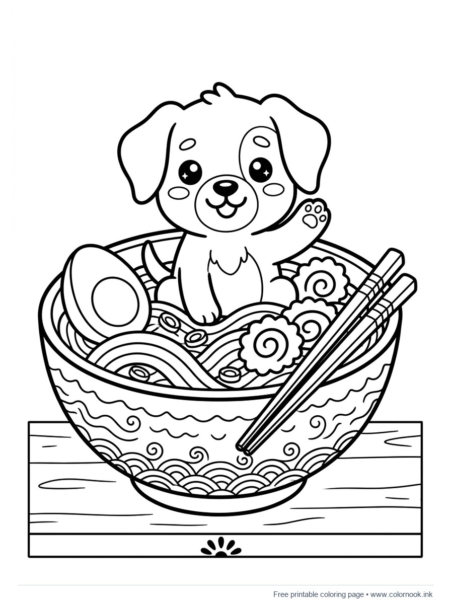 Bojanka slatko štene u velikoj zdjeli ramen juhe