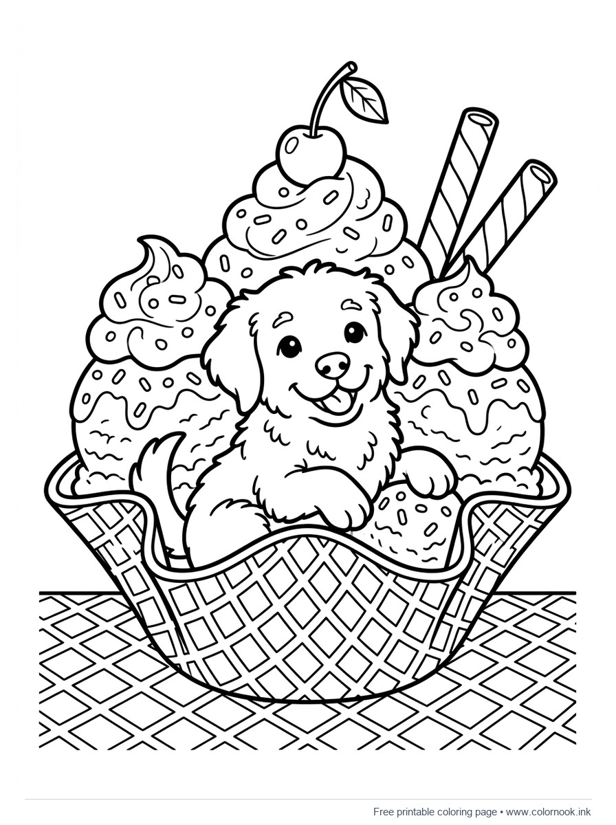 Coloring page of an adorable fluffy puppy sitting inside a giant waffle ice cream sundae with whipped cream