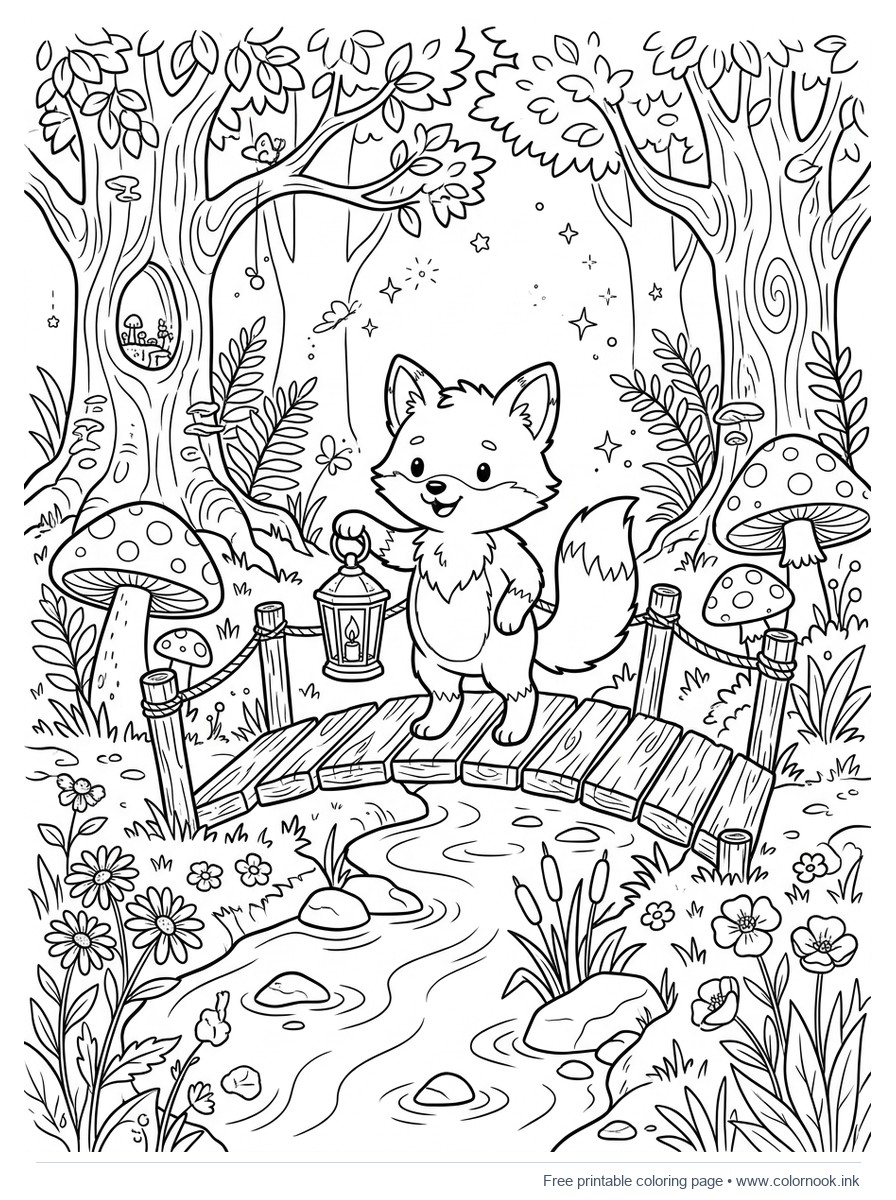 Black and white coloring page of a cute fox cub holding a lantern in a magical enchanted forest with giant mushrooms