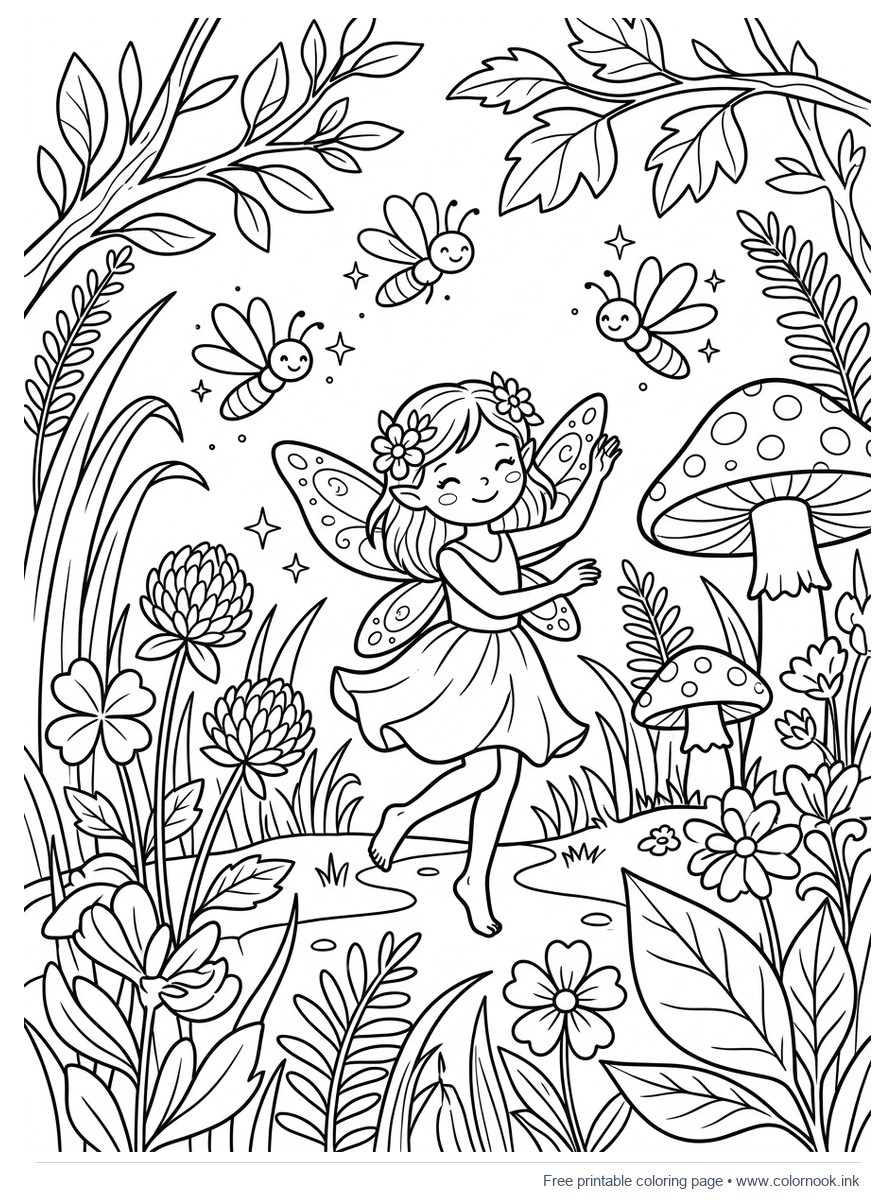 Whimsical forest fairy dancing with glowing fireflies among toadstools coloring page for kids