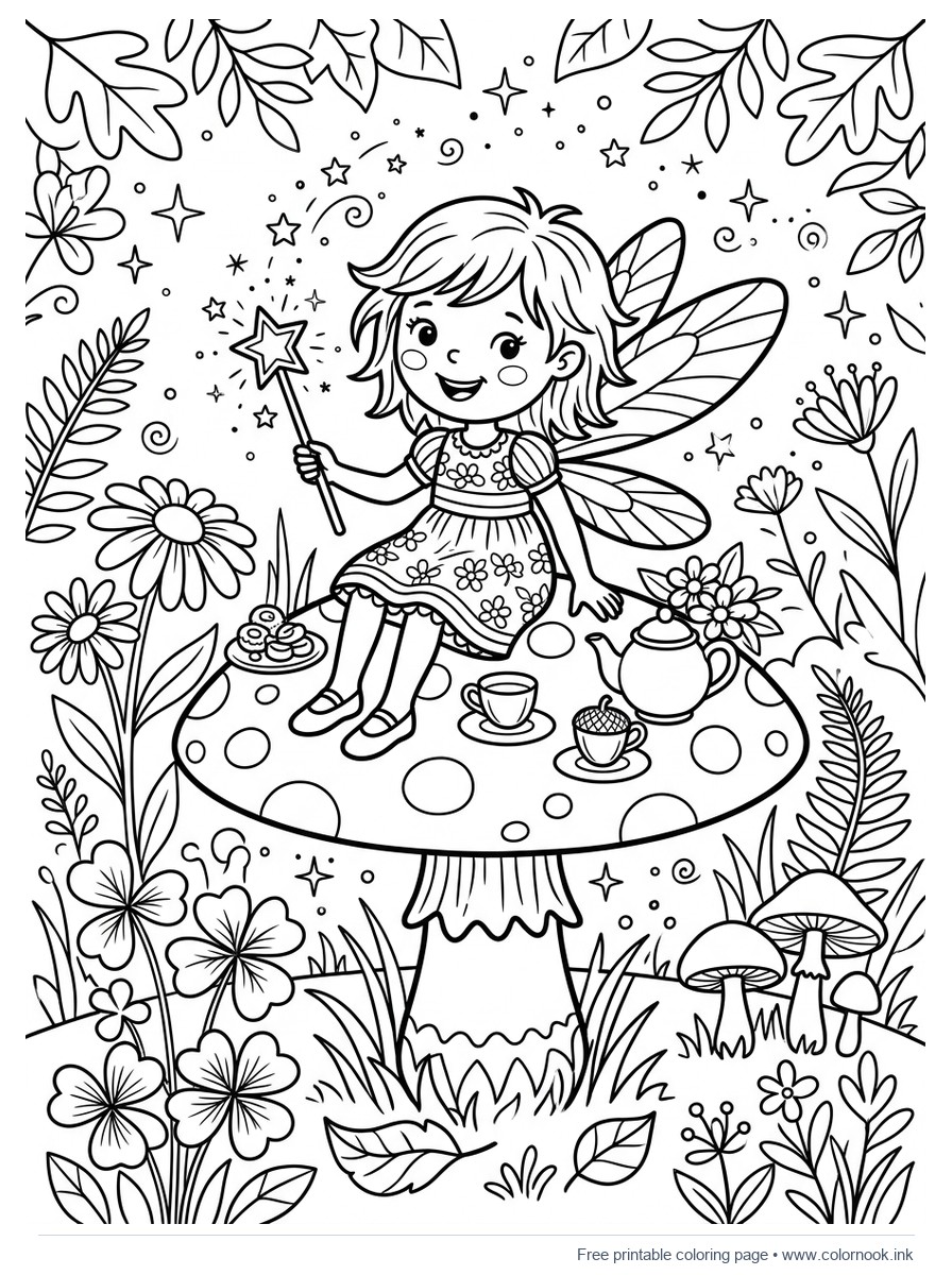 Garden fairy with star wand having mushroom tea party coloring page for kids