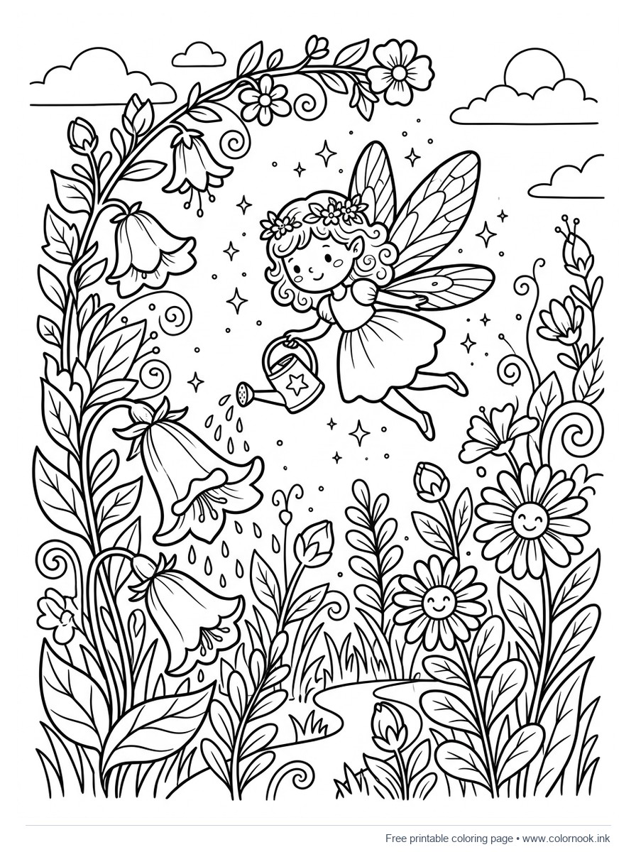 Whimsical little garden fairy watering giant flowers coloring page