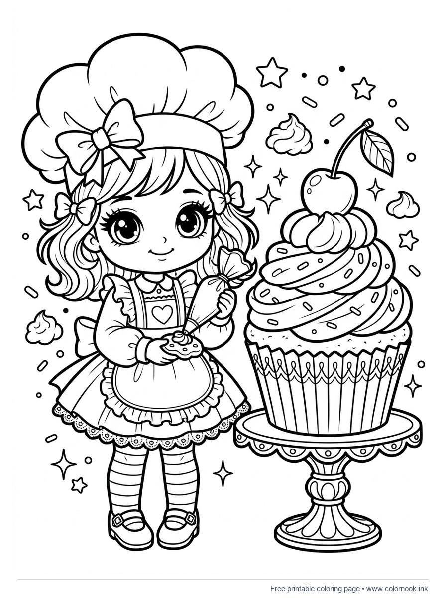 Černobílá omalovánka s módní panenkou cukrářkou zdobící obří cupcake