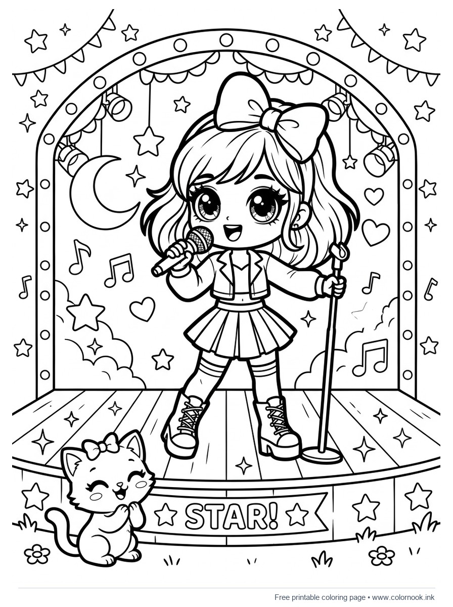 Pop star fashion surprise doll with big bow singing on stage with a cute kitten coloring page