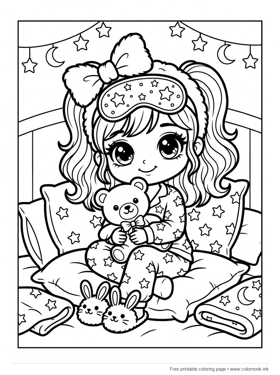 Cute chibi fashion surprise doll at a slumber party with pajamas and teddy bear coloring page