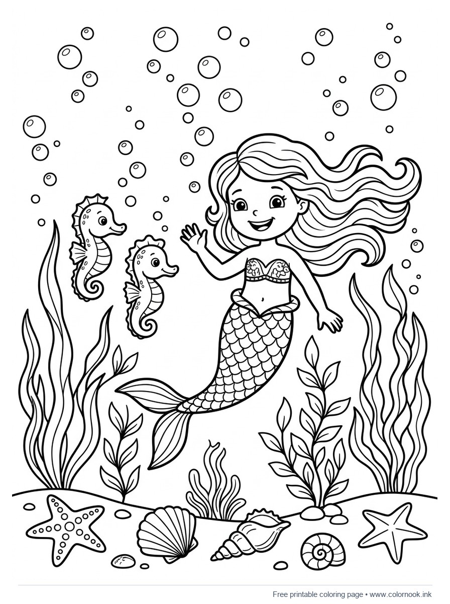 Friendly little mermaid swimming with baby seahorses coloring page