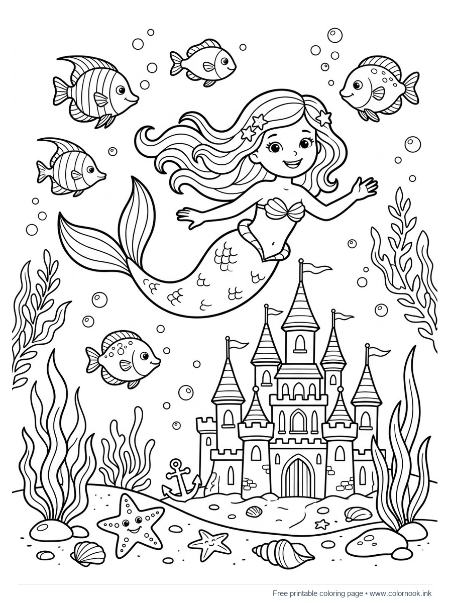 Mermaid swimming near sunken underwater castle coloring page for kids
