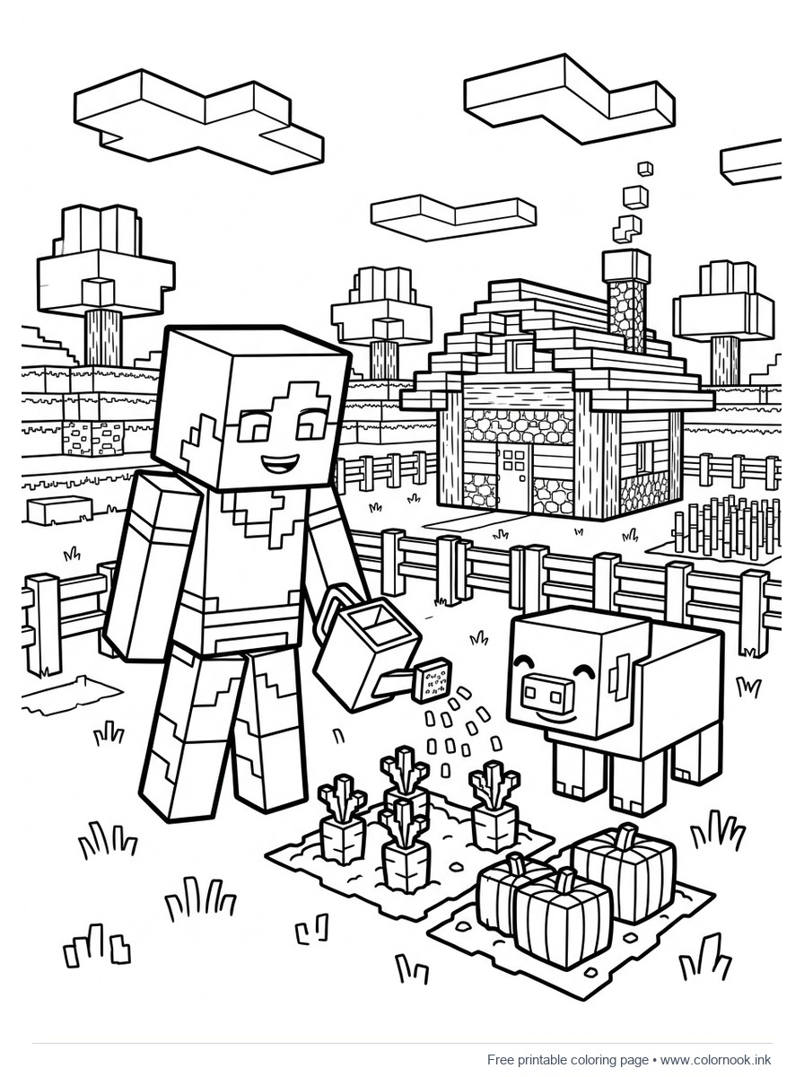 Kids coloring page of Alex and a cute blocky pig in a pixel farm with carrots and a cozy cabin