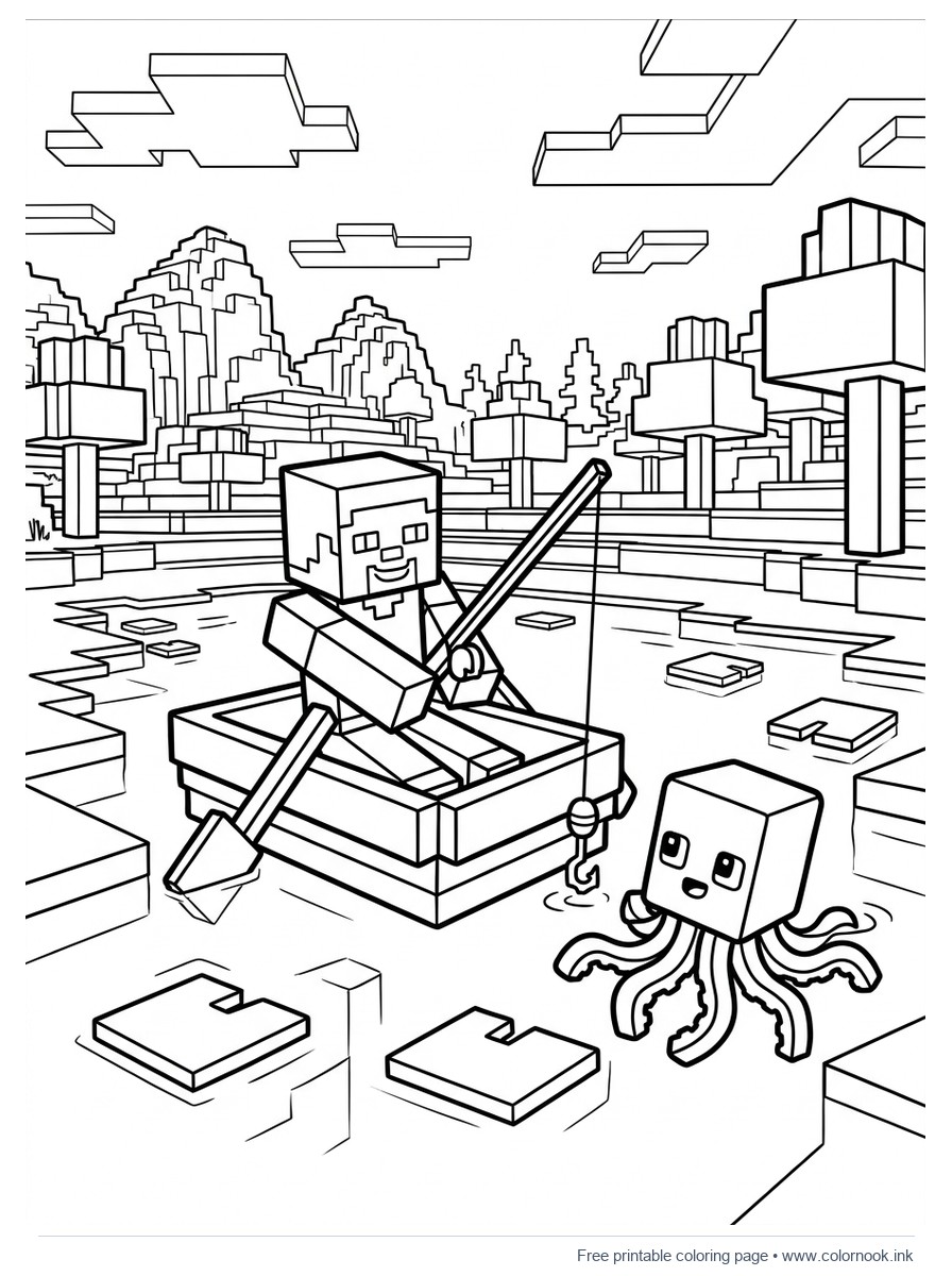 Black and white coloring page of Minecraft Steve in a boat fishing next to a cubic squid