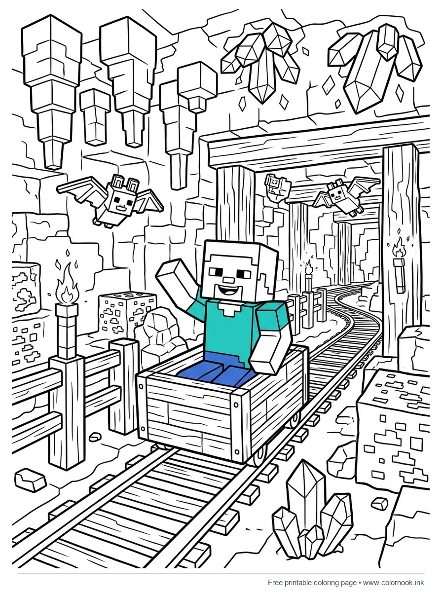 Blocky Steve riding a minecart through a crystal cave coloring page