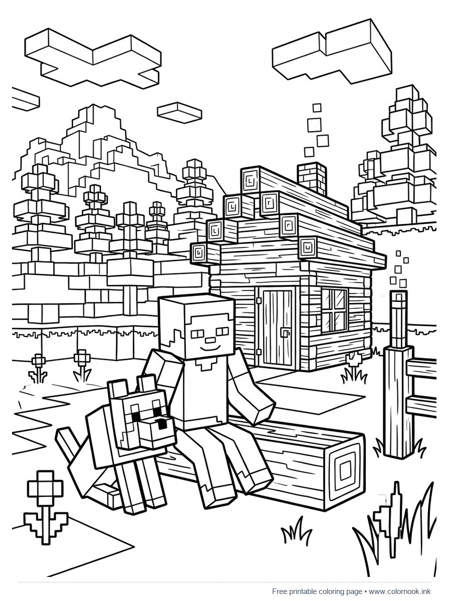 Blocky Steve and pixel wolf sitting outside a cozy wood cabin coloring page