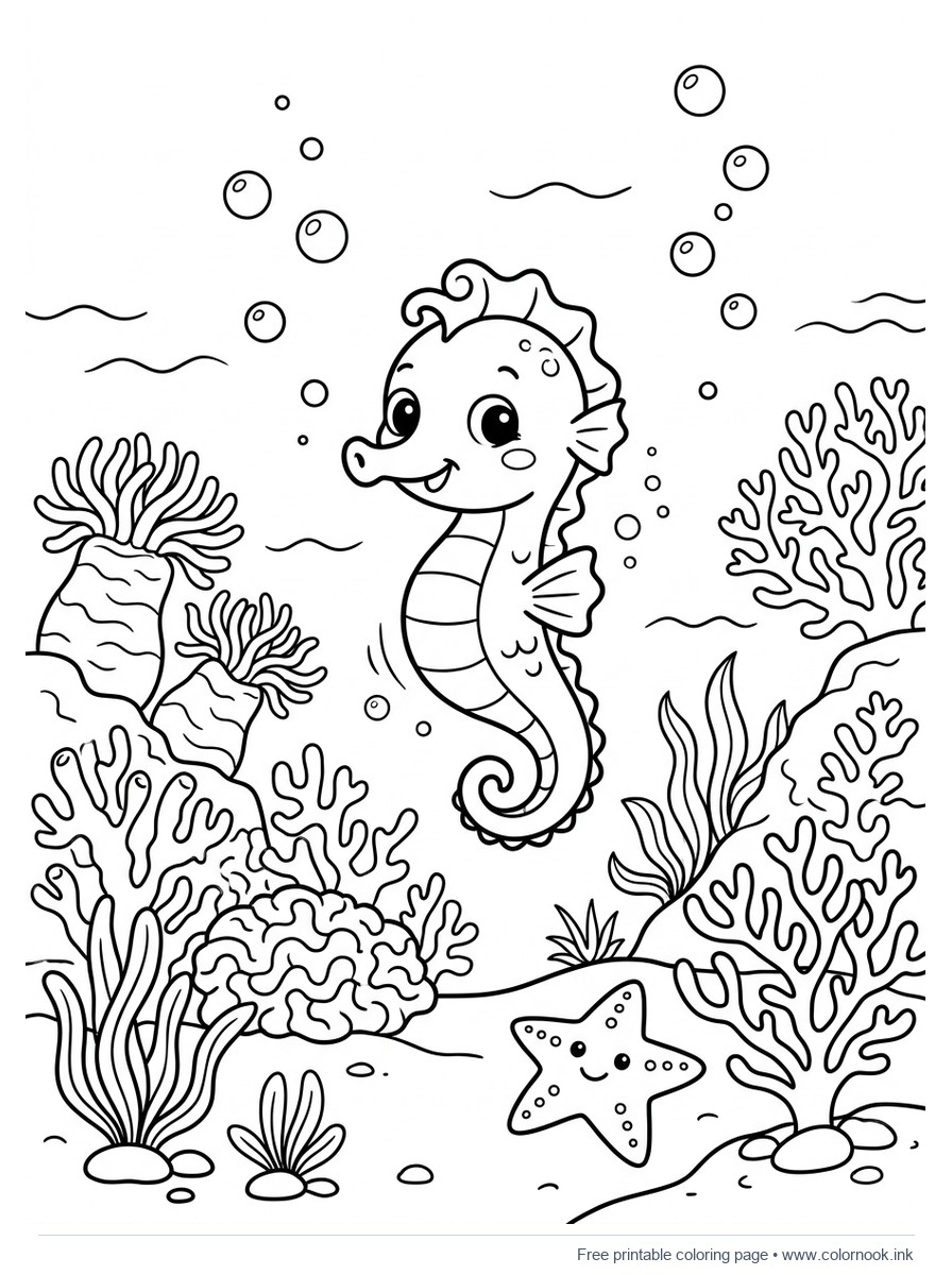 Black and white coloring page of a friendly baby seahorse exploring a coral reef.