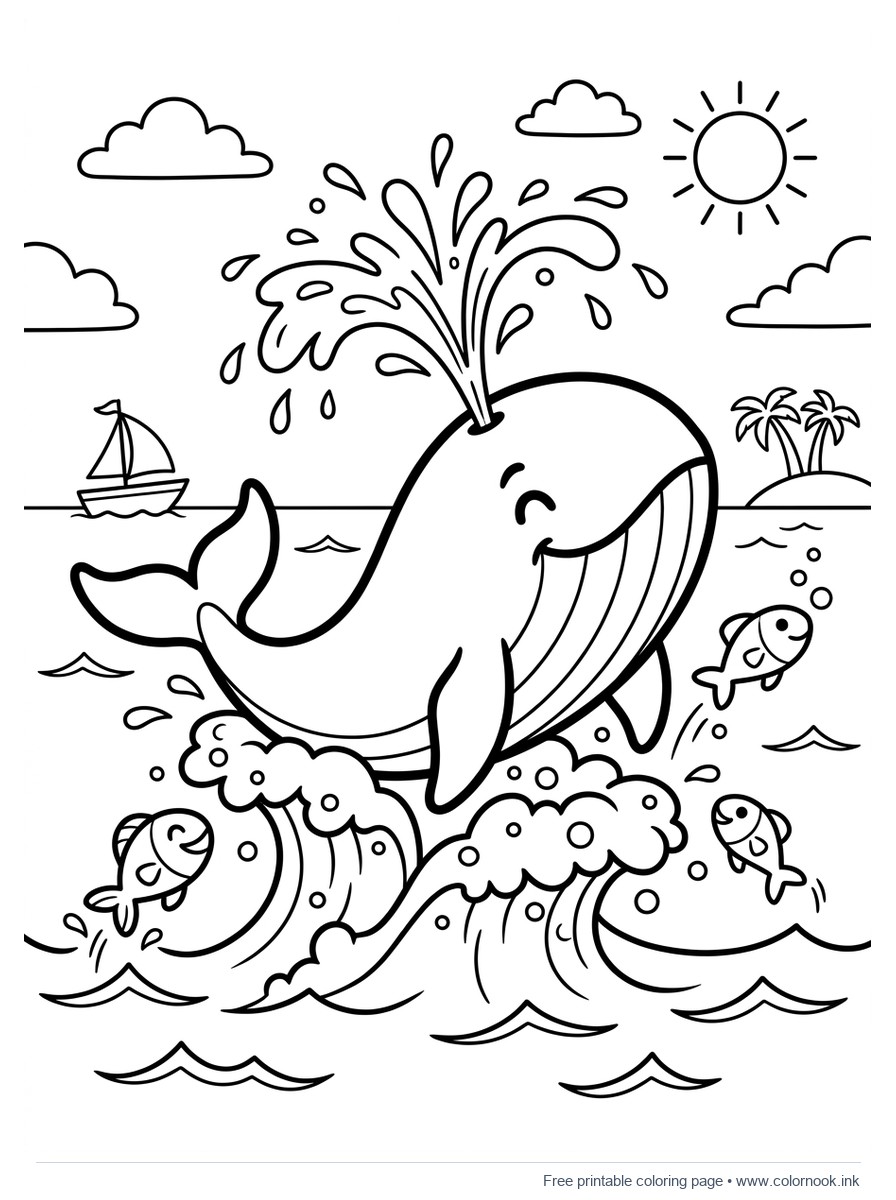 Coloring page of a friendly whale breaching out of the ocean and blowing water