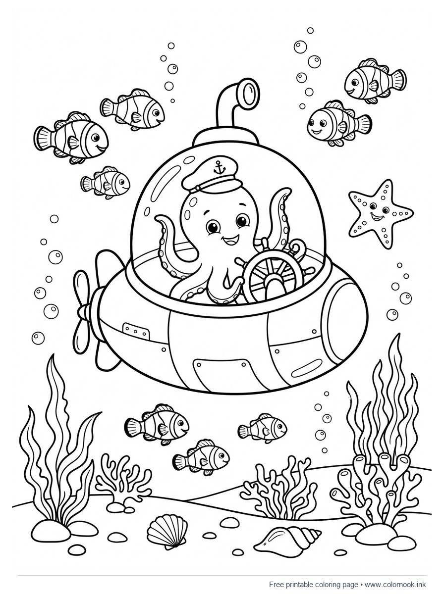 Octopus captain steering a round submarine underwater coloring page