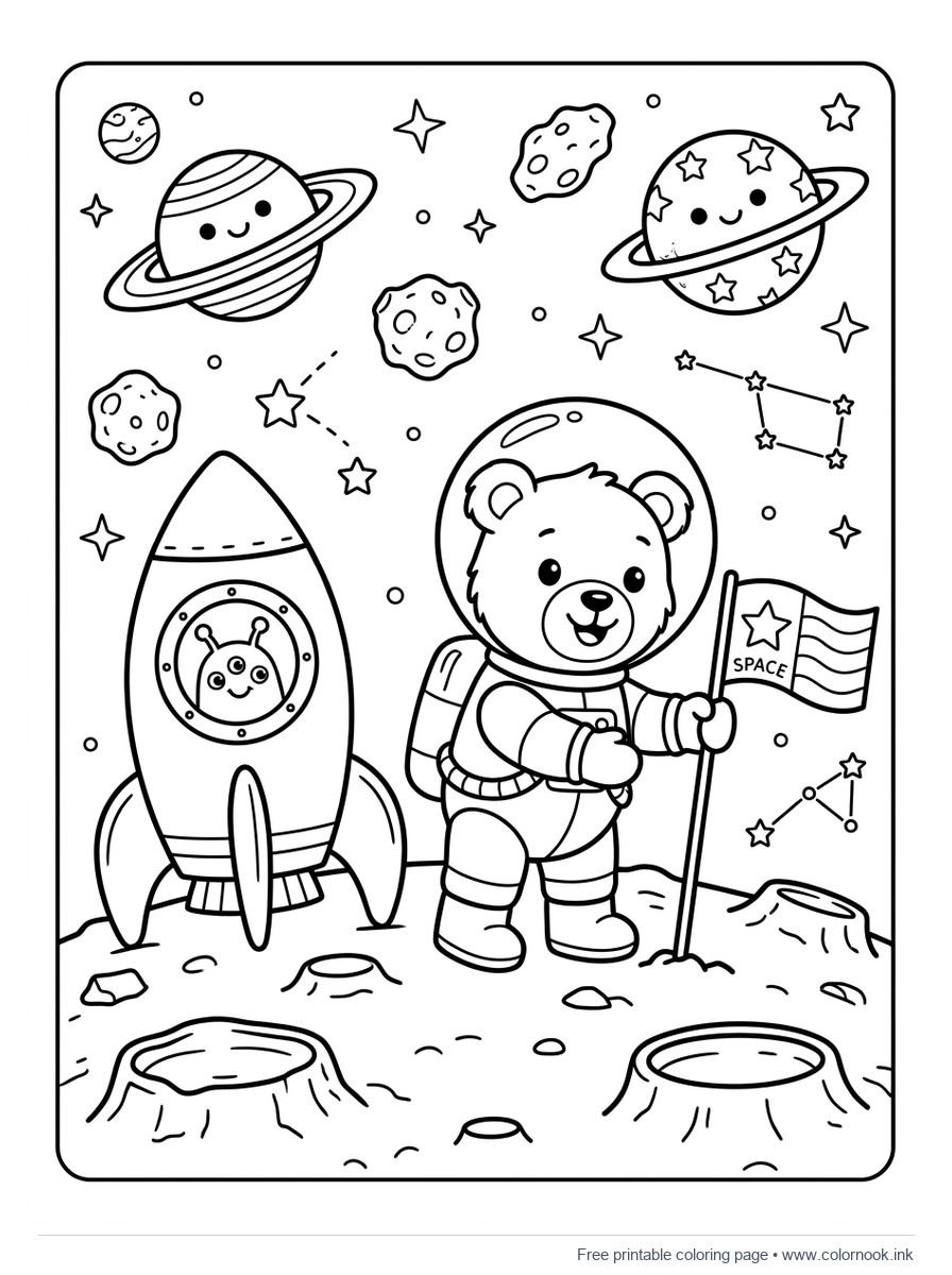 Astronaut bear planting a star flag on the moon coloring page