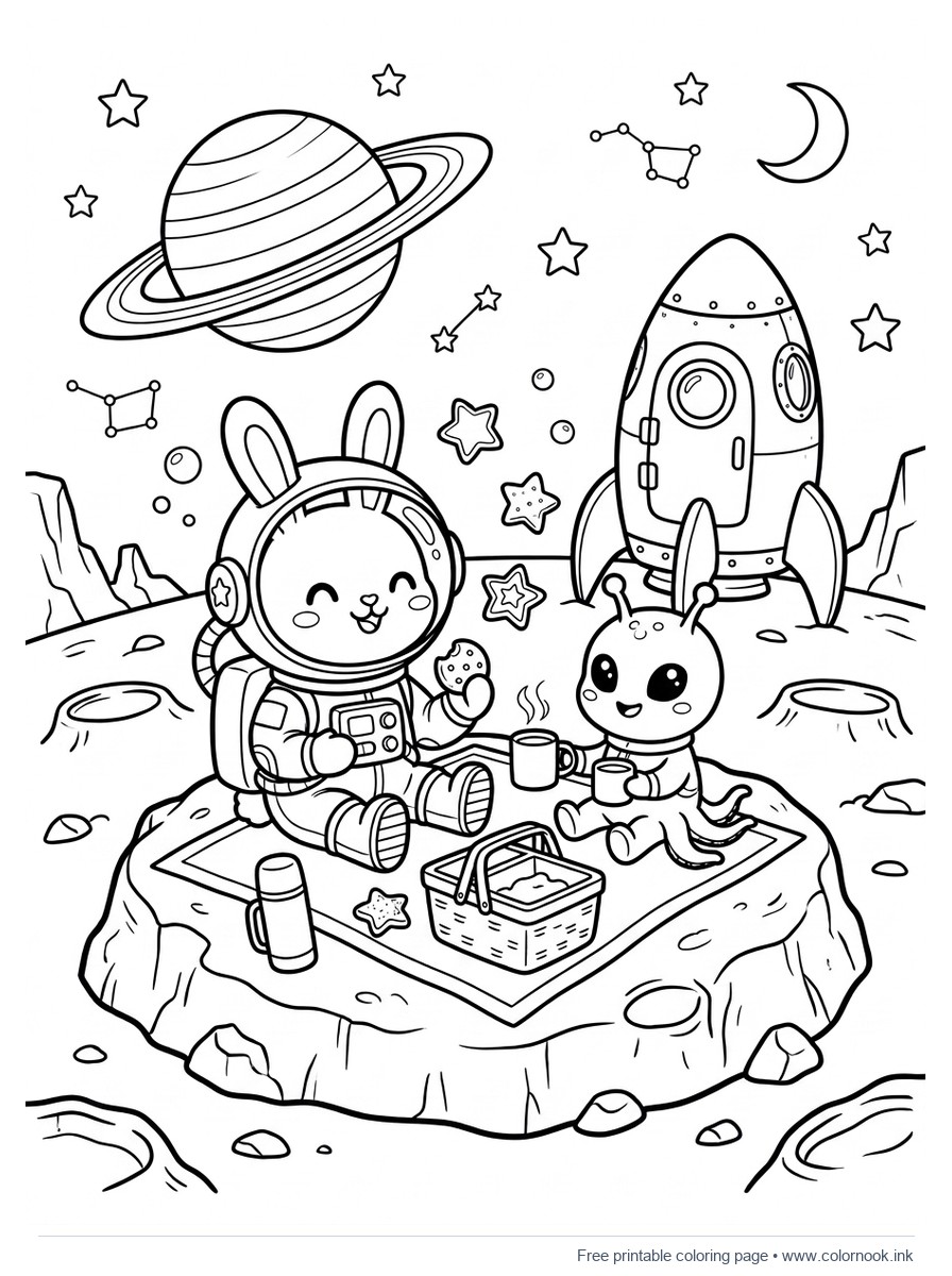 Króliczek astronauta piknikujący na księżycu z kosmitą