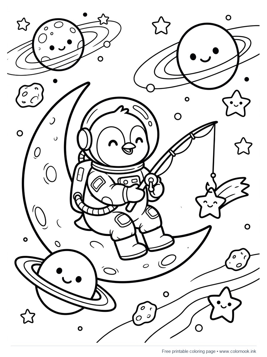 Černobílá omalovánka roztomilého tučňáka astronauta na měsíci lovícího udicí padající hvězdu