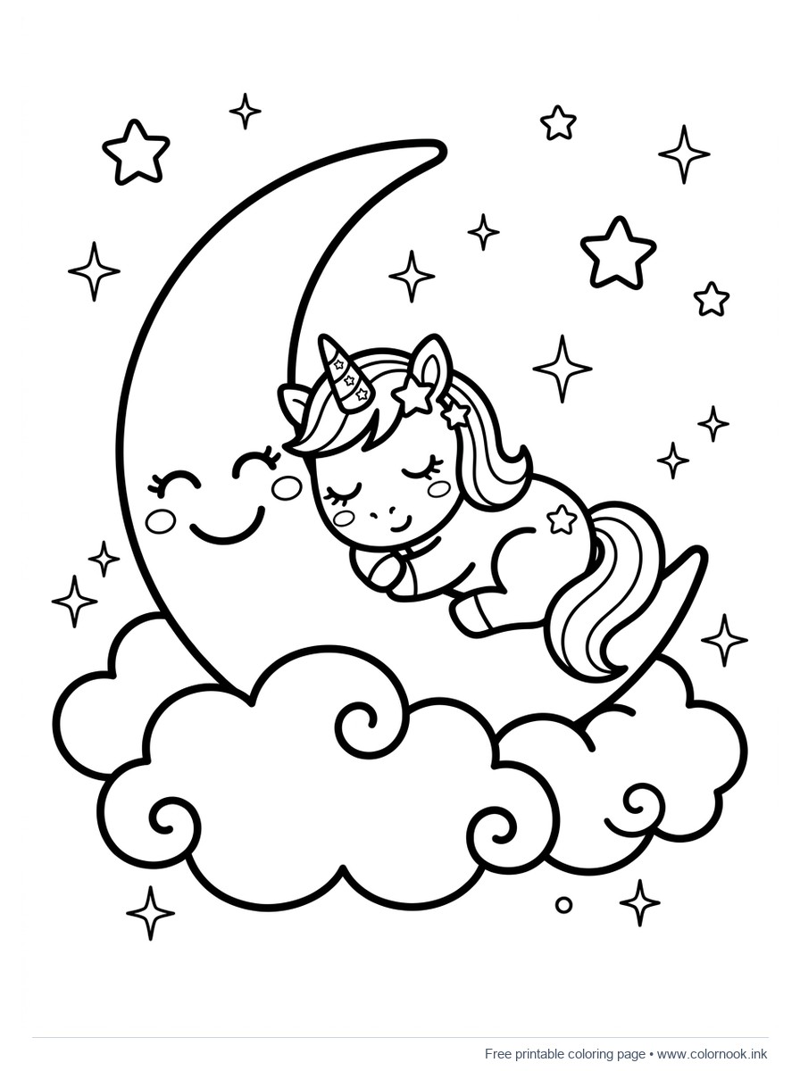 Cute baby unicorn sleeping on a crescent moon coloring page for kids