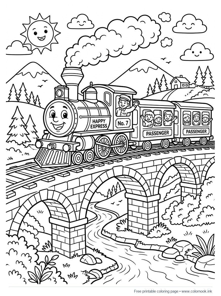 Coloring page of a cheerful cartoon steam locomotive crossing a stone bridge.