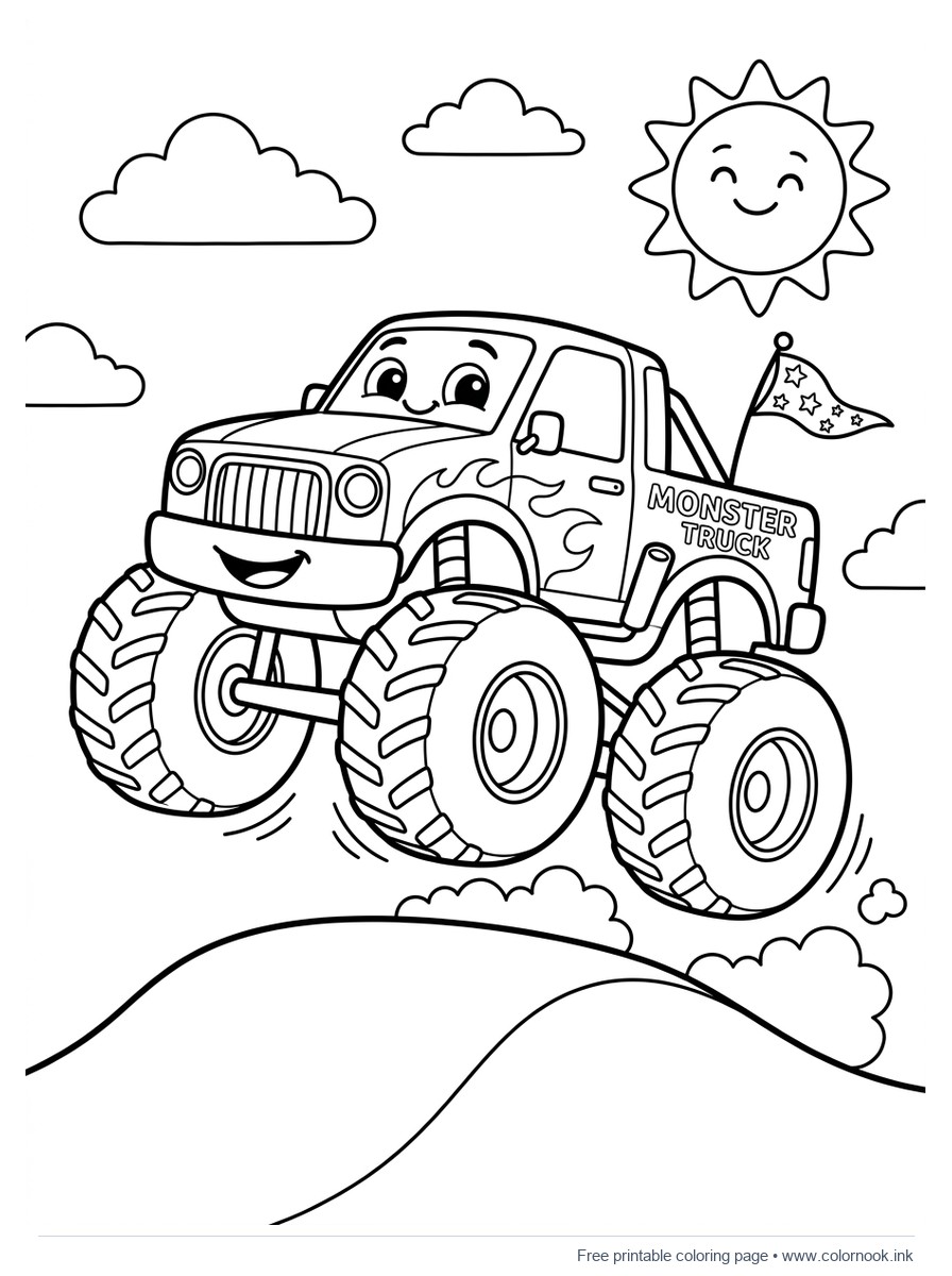 Happy cartoon monster truck with big bouncy wheels jumping over a ramp coloring page